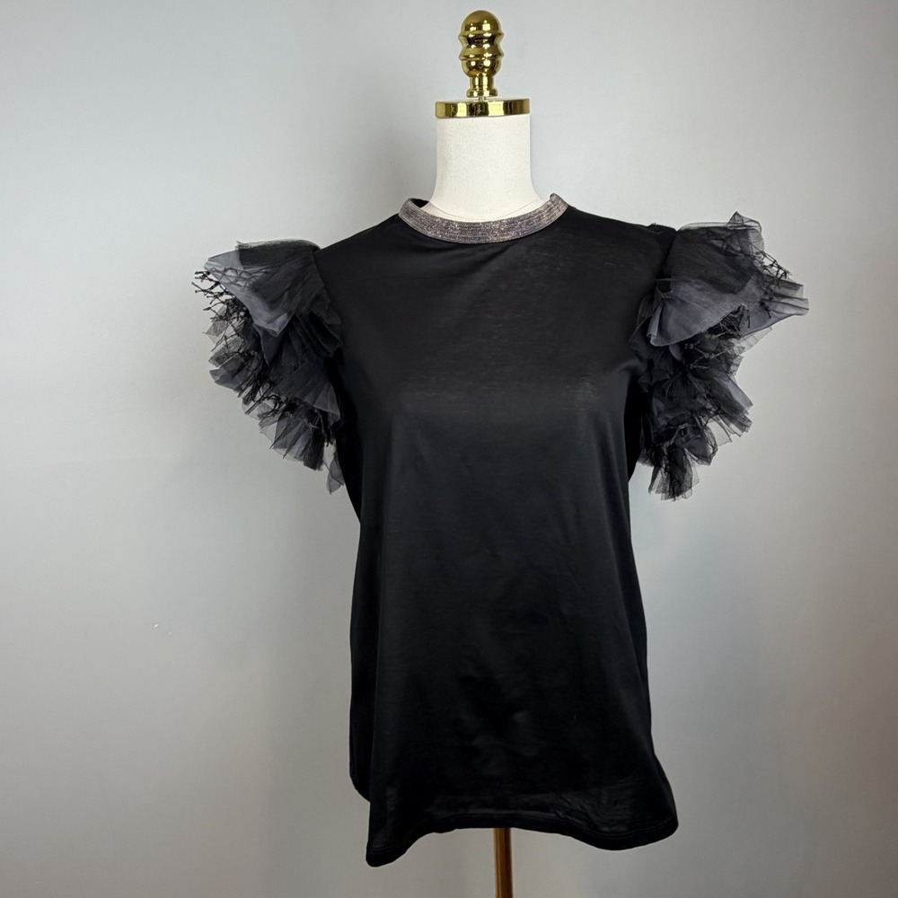 Fabiana Filippi Black Top L Tulle Ruffle Silk Cotton Monili NWT Flaw